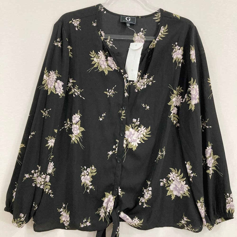 New G by Giuliana Top size XL Black Floral V Neck Tie Front Button Up Feminine